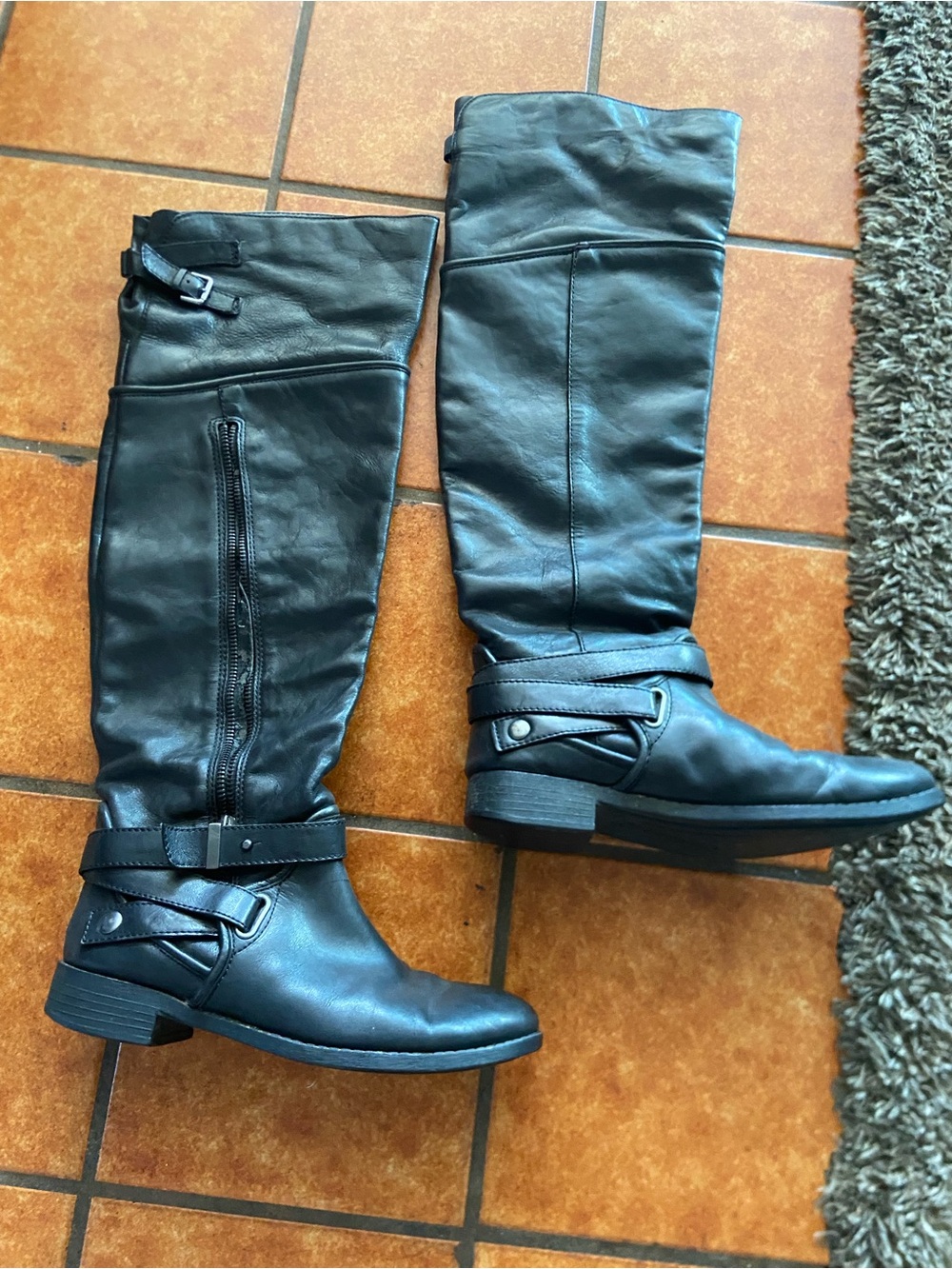 luxury rebel Black Over-The-Knee Leather Buckle Boots